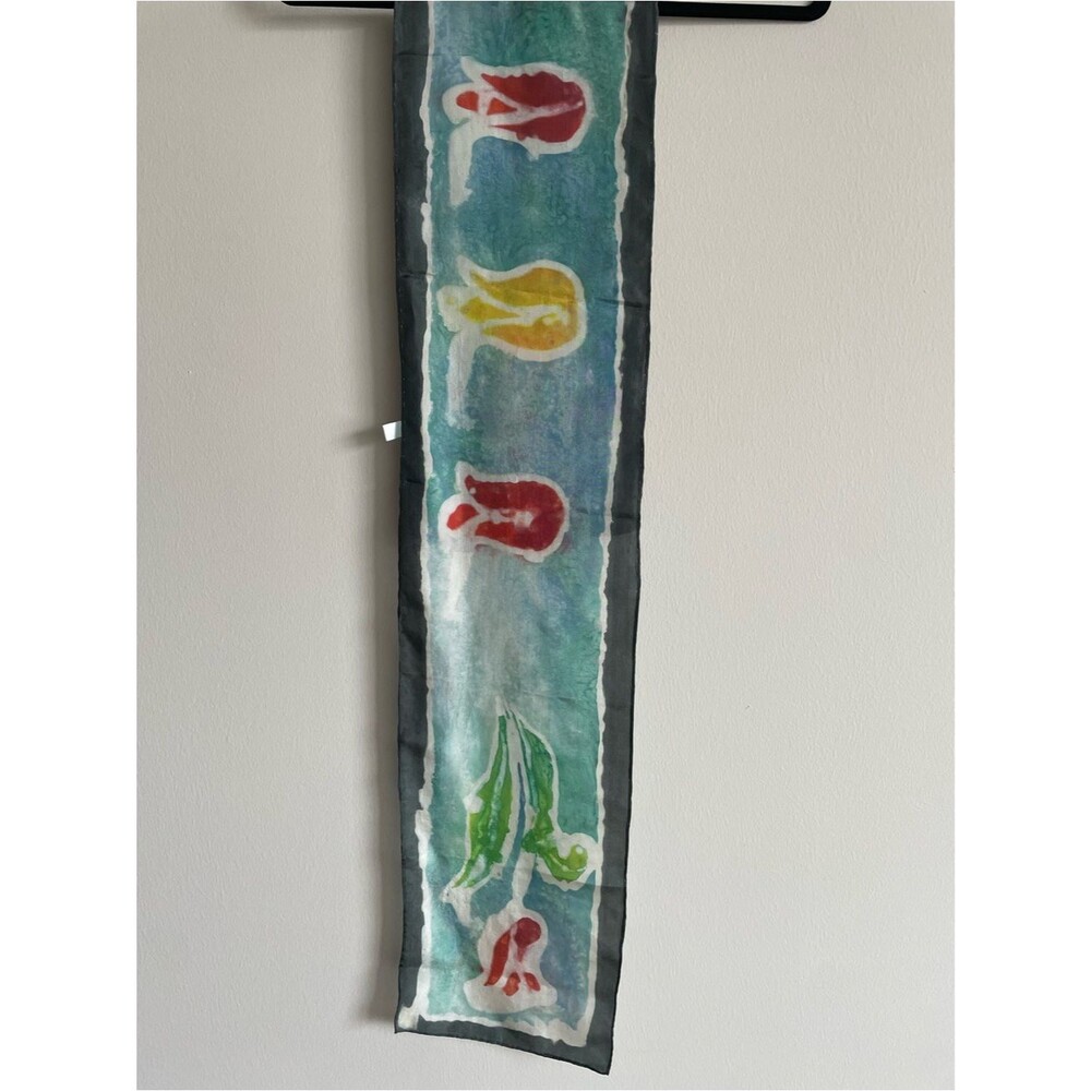 Long rectangular silk scarf watercolor blue tulip floral whimsy ethereal 52 x 8 - Picture 2 of 4